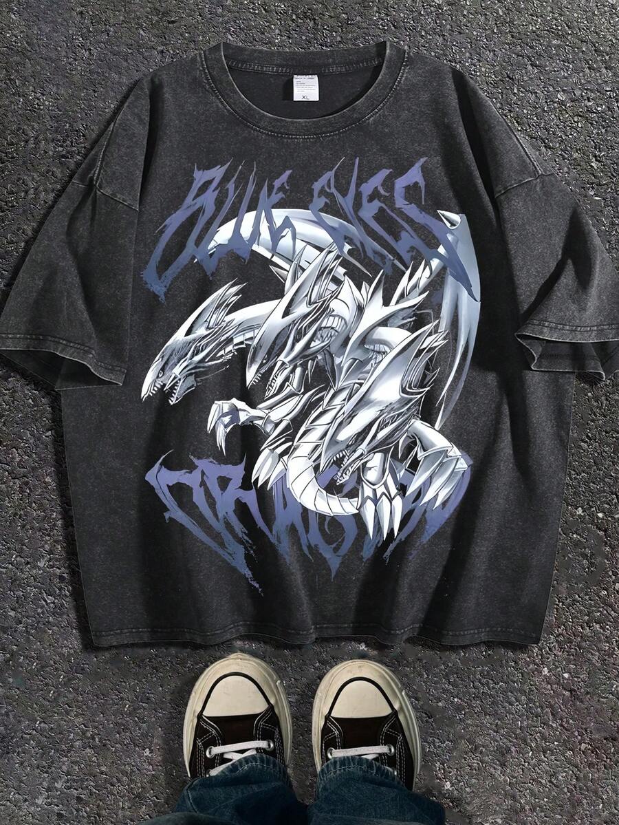 Men Fall Clothes/Fall Clothes For Women Classic Anime White Dragon Pattern Printed Pure Cotton Washed Printed T-Shirt - A Soft And Comfortable Casual Washed T-Shirt With Bold Explosive Artistic Design, Short Sleeves, 100% Cotton, Men Fall Clothes/Fall Clothes For Women/Halloween Is Perfect For Home And Casual Wear - DG004 - 黑色 - 查看 1