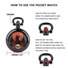 Reloj de bolsillo con cadena y colgante de gato negro estilo gótico con calavera y luna roja - Negro - Ver 7