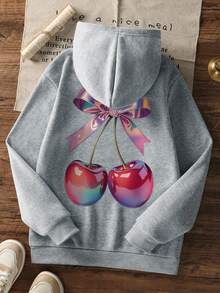 1件少女休闲印花套头卫衣，保暖内衬，长袖，秋冬季 - 淺灰色 - 查看 3