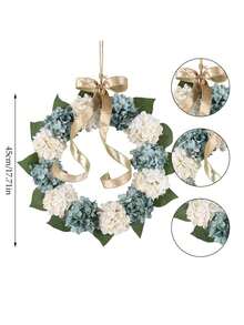 Artificial Hydrangeas Wreath - 17.7in Autumn Floral Garland With Hydrangeas, Fall Foliage - Hanging Door Decoration For Front Door, Mantel, Table Centerpiece - Easy Hang Loop - Thanksgiving, Christmas, Home Decor - Year-Round Fall Decoration - 白色和藍色 - 查看 5