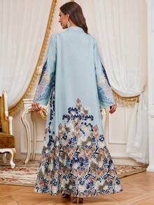 Đầm dài tay cổ chữ V đính cườm, in họa tiết jacquard, kiểu dáng cổ điển thanh lịch thường ngày dành cho nữ dịp Eid Al-Fitr & Eid Al-Adha, thích hợp cho mùa xuân. - Màu xanh nhạt - Xem 3