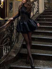 镂空透视性感复古蕾丝边夜店派对连衣裙 - 黑色 - 查看 4