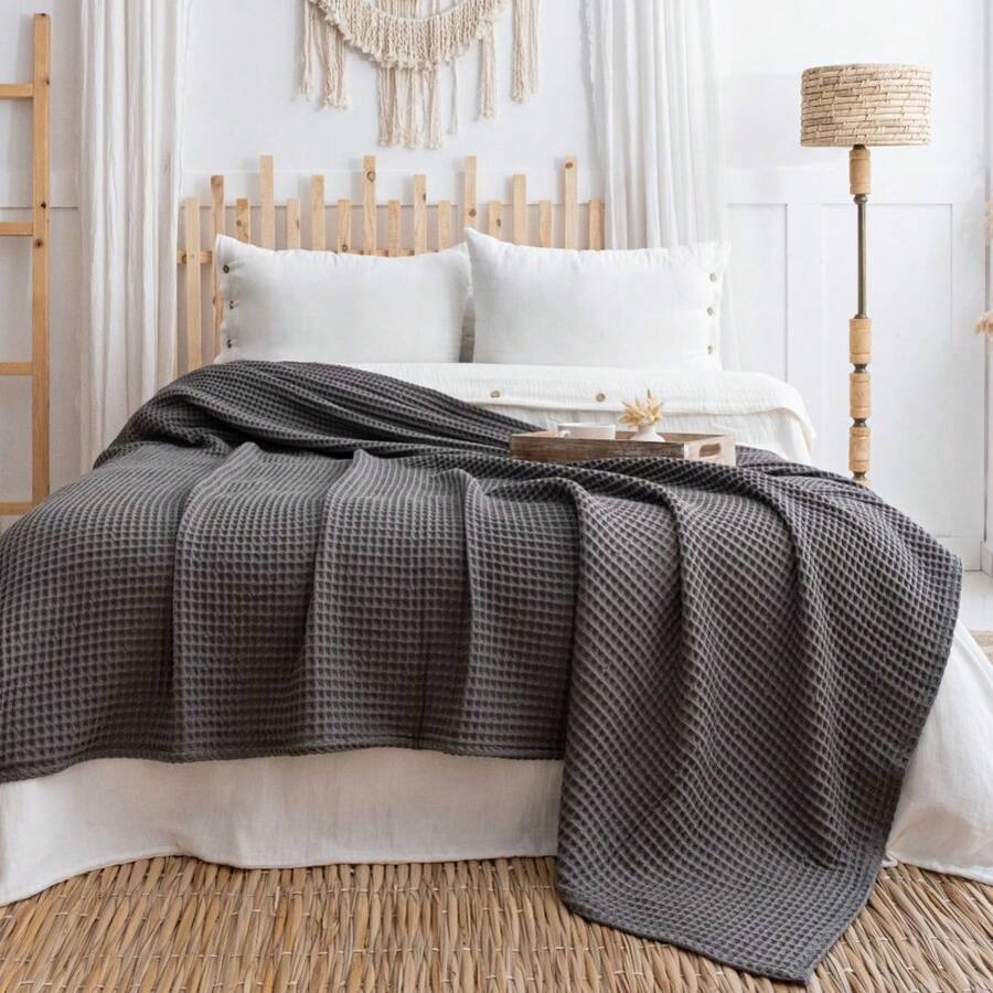 200X230 Waffle Blanket, %100 Cotton Waffle Blanket, Multi-Purpose Geometric Waffle Throw Blanket, Dokubba Waffle Blanket - Black - View 1