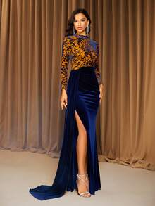 海军蓝立领长袖性感高开叉天鹅绒晚会长裙 - 藏蓝色 - 查看 1