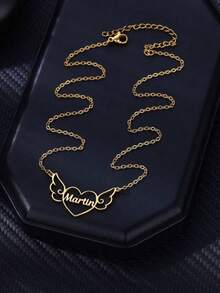 Customized Angel Wings Heart Name Necklace, Stainless Steel Personalized Necklace Pendant For Women, Unique Neck Chain Jewelry Birthday Gift - Multicolor - View 4