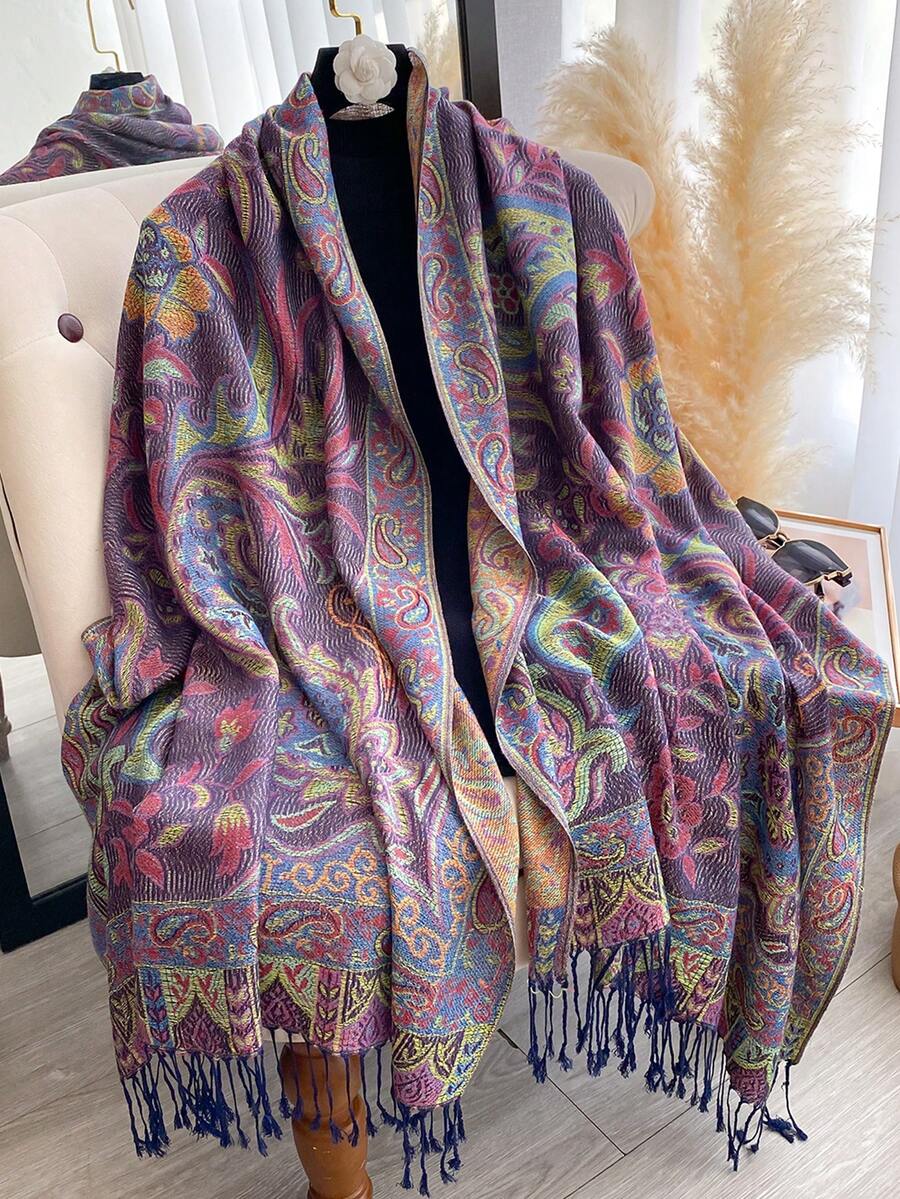 1 chiếc khăn choàng cổ giả cashmere dệt jacquard họa tiết Paisley thanh lịch dành cho nữ, khăn choàng tua rua đa năng phong cách Bohemian, phụ kiện ấm áp có thể đảo ngược để mặc hàng ngày, du lịch, đi nghỉ - Màu tím - Xem 1