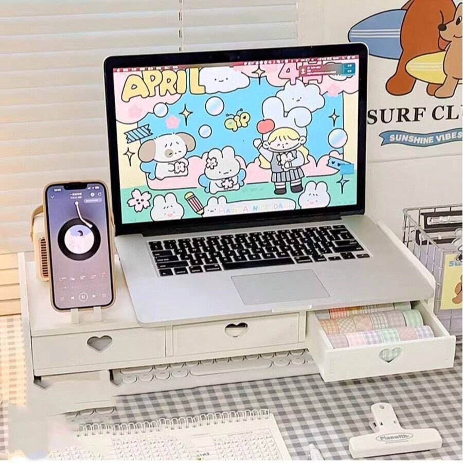 3-In-1 Monitor Stand, Drawer And Keyboard Storage - Ergonomic Desktop Risers For Computers/Laptops - Extra Space Organizer, Triple-Function Design, Ergonomic Relief, Universal Installation