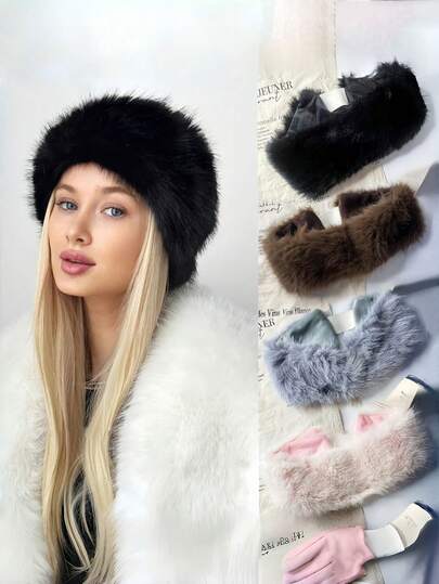 1个毛绒发箍，仿毛皮耳罩，保暖弹力头巾，纯色无纺布防风发箍，适合秋冬季时尚发饰女士发带