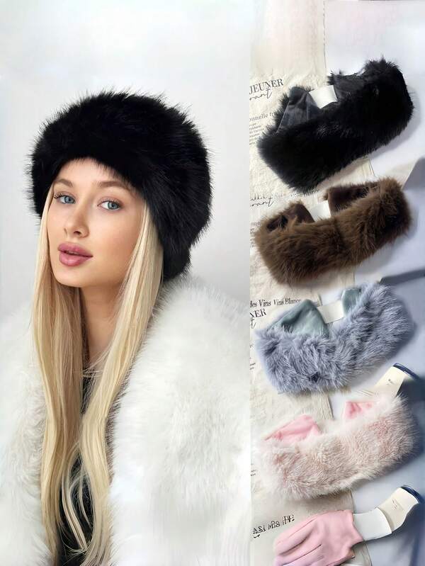 1pc Plush Headband, Faux Fur Earmuffs, Warm Elastic Headwrap, Solid Color Non-Woven Windproof Headband, Suitable For Autumn/Winter
