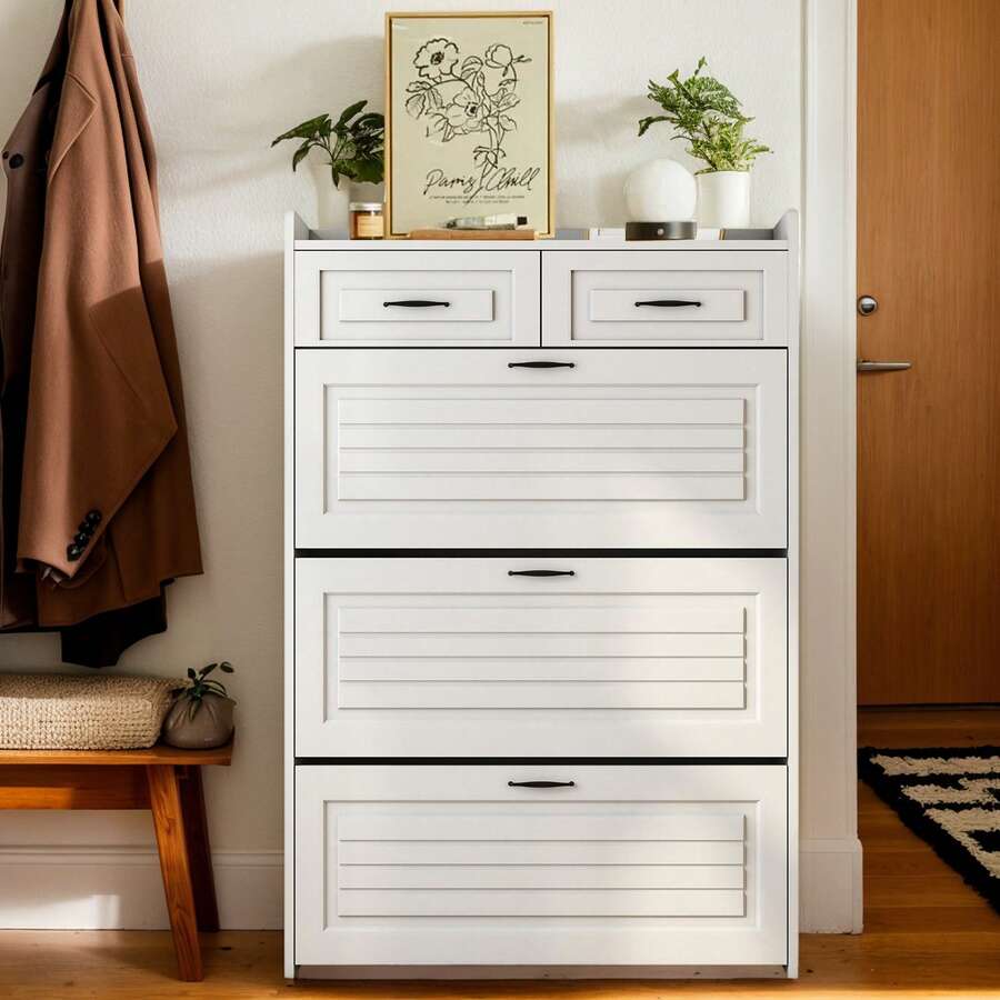 MoolSun Large Capacity Shoe Cabinet With 3 Doors 2 Drawers,Large Space Storage Shoes Cabinet For Entryway,Shoe Rack For Front Door Entrance,Home Decor Entryway Shoes Cabinet,A Storage Master That Can Be Used As A Fashion Gift - 白色 - 查看 1