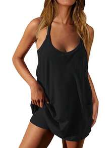Women's Sleeveless Mini V-Neck Sundress With Spaghetti Straps, Athletic Short Dress With Pockets, Summer Casual Beach Dress For Travel, Dating, And Daily Wear  Holiday  Vacation    Casual - 黑色 - 查看 1