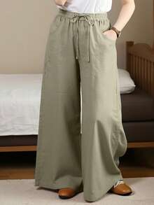 Women's Relaxed Wide Leg Cropped Pants With Pockets, Plus Size Cotton Linen Blend, Lightweight And Breathable, Loose Comfortable Fit, Multiple Color Options, Boho Inspired Style, Simple Versatile Design, Ideal For Everyday Wear, City Walks, Travel Vacations, Work Commute, Back To School Outfits, Casual Date Looks, And Valentine's Day Outfits - 查看 3
