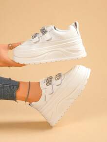 女式厚底坡跟运动鞋，新款水钻钩环休闲白鞋，学生百搭鞋 - 白色 - 查看 2