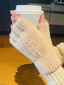 1 双人造毛皮半指手套，温暖柔软的女士无指手套，适合户外运动、秋冬季骑行，情人节的绝佳礼物 - 彩色 - 查看 9