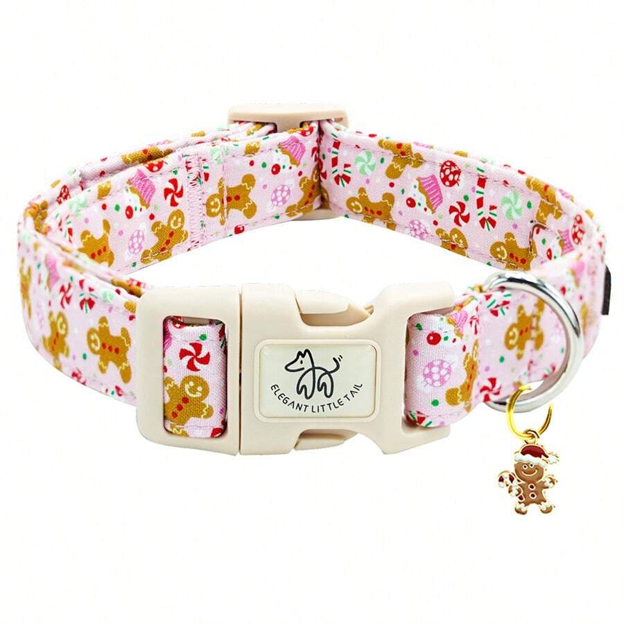 Elegancka, świąteczna obroża dla psa z małym ogonkiem, różowa piernikowa obroża dla psa, regulowana obroża dla psa dla dziewczynki lub chłopca