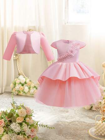2pcs/Set Toddler Girls' Satin Embroidered Princess Dress + Long Sleeve Jacket, Party Dress Outfit