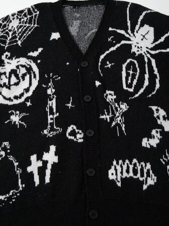 男士休闲V领印花长袖毛衣，宽松美式街头风，百搭，适合春、秋、冬三季穿着。