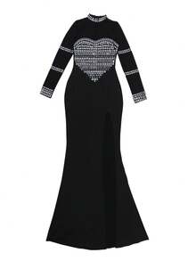 女士优雅立领水钻网眼开衩修身正式晚礼服、派对礼服、婚礼宾客礼服