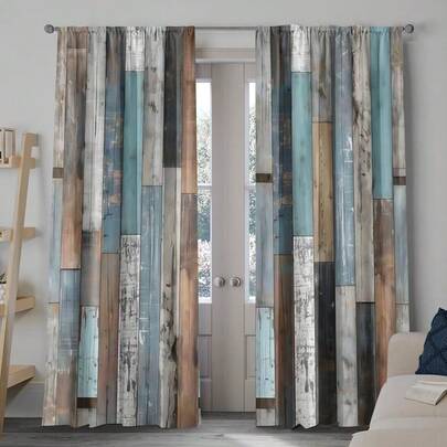 2pcs, Polyester Material, Vintage Faux Wood Grain Printed Light Filtering Curtains, Suitable For Bedroom, Living Room, Office, And Home Decoration, Pocket Design, Suitable For Rod
