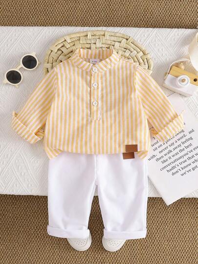 2pcs Baby Boys/Girls Casual Comfortable Striped Collar Long Sleeve Shirt And Solid White Pants Set, Autumn