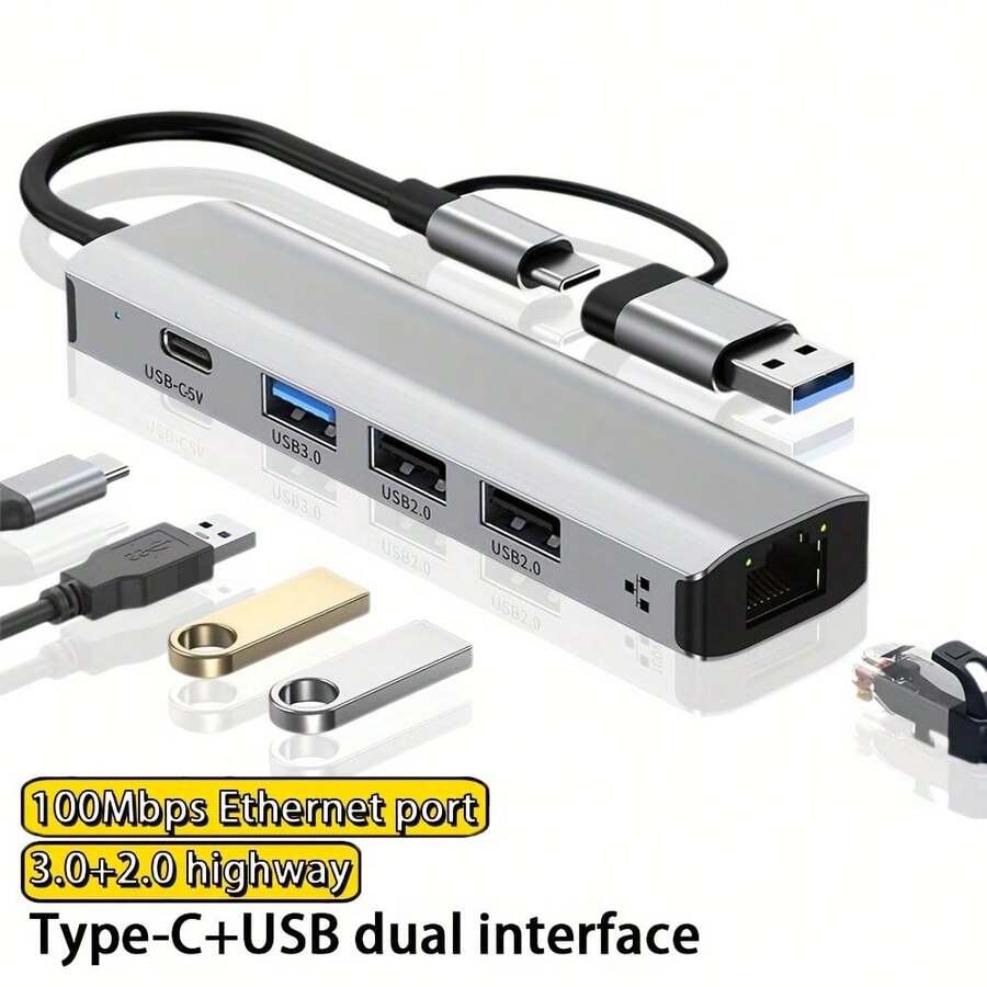 Hochgeschwindigkeits USB 3.0 5-Port Dockingstation mit 100Mbps Ethernet, Typ-C und USB-A Schnittstellen - Aluminiumlegierung, geeignet für die Kompatibilität mit mehreren Geräten wie Laptops, Tablets und Handy