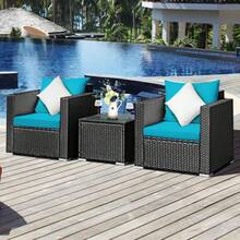 3PCS Patio Rattan Wicker Furniture Set Sofa Table W/Cushion Turquoise - 預設 - 查看 5