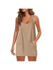 Women's Maternity 2 Piece Outfits Solid Dress Built-In Shorts Pregnancy Loungewear Mama Clothes - Khaki - View 2