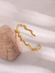 1 件时尚金色不锈钢波浪开口袖口手链，纹理几何宽手镯，适合女士，派对/节日珠宝礼物 - 金黃色 - 查看 11