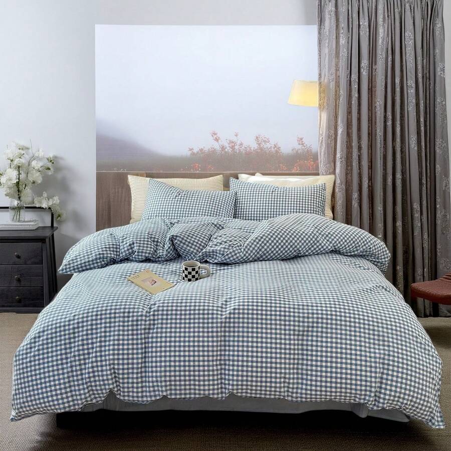 Vclife Vintage Floral Comforter Set Four Sizes, All Seasons Muslin Cotton Bedding Set, 3 Pieces Farmhouse Shabby Chic Jacquard Floral Comforter Set Perfect For Women And Men - 胖被套裝-天藍小格 - 查看 1
