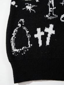 ANDREILEE Men's Casual V-Neck Printed Long Sleeve Sweater, Loose Fit Streetwear Style, Versatile For Spring, Autumn, Winter - Black - View 7