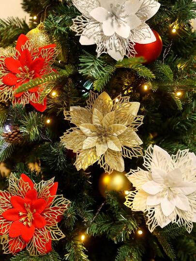 10pcs/2pcs Glitter Poinsettia Artificial Flowers (With Clips), Cute Artificial Poinsettia Flowers For Christmas Tree Decoration, Reusable Christmas Flowers, DIY Wreaths, Christmas Garlands, Staircase Decor, Christmas Tree Ornaments, Christmas Decorations, Door Decor, Wall Decor, Windows, Fireplace, Floor Decor, Christmas Tree, Holiday Parties, Wedding Parties, Home Decor, Gift Wrapping Decorations, Sparkling Winter Shrub Decor, Christmas Party Christmas Gifts, Christmas Tree Hanging Decor Room Decor