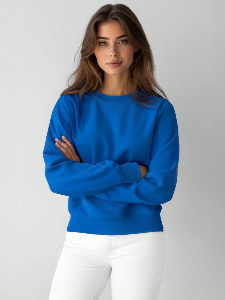 女士纯色圆领长袖休闲套头衫 - 寶藍色 - 查看 1