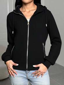 Sudadera Para Mujer Casual Moderna Dama Hoodie Con Capucha Ligera Premium Cierre - Negro - Ver 1