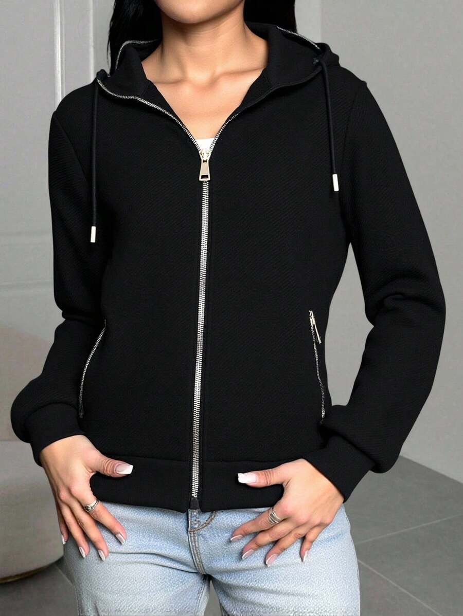 Sudadera Para Mujer Casual Moderna Dama Hoodie Con Capucha Ligera Premium Cierre - Negro - Ver 1