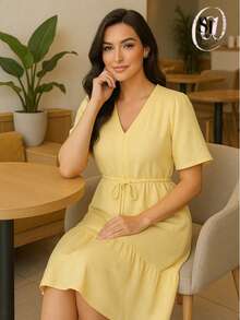 Women's Short Ruffle Dress Casual Duna Short Sleeve Midi Party Evangelical Fashion Elastic Waist. - 紫丁香色 - 查看 3