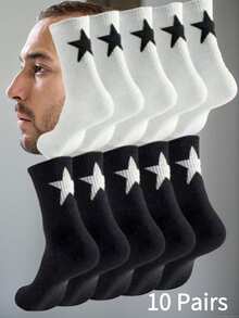 12 Pairs Black & White Star Design Mid-Calf Socks, Moisture-Wicking Soft, Versatile For All Seasons, Men's Socks
