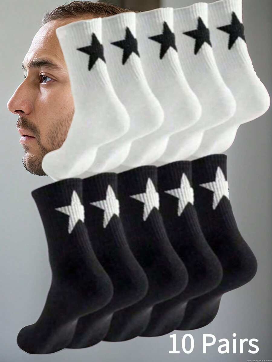 12 Pairs Black & White Star Design Mid-Calf Socks, Moisture-Wicking Soft, Versatile For All Seasons, Men's Socks