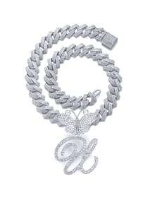 银色女士项链 A-Z 首字母个性化嘻哈经典蝴蝶字母吊坠链项链和手链套装饰物 26 个幸运字母，适合男女日常佩戴情人节时尚珠宝礼物，妈妈，母亲，母亲节，礼物 - 蝴蝶型 - 查看 17