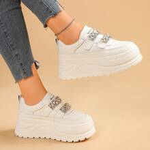 女式厚底坡跟运动鞋，新款水钻钩环休闲白鞋，学生百搭鞋 - 白色 - 查看 7