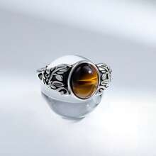 1pc 925 Sterling Silver Vintage Leaf Pattern Inlaid Tiger's Eye Stone Personalized Fashion Ring, Suitable For Everyday Casual Wear, Gift For Family And Friends On Holidays And Birthdays - Antique Silver - View 3