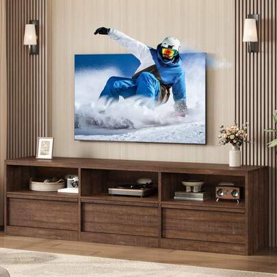 Ataucjin Mid Century Modern TV Stand For 65 70 75 Inch TVs,Industrial Media Console Entertainment Center With 3 Drawers & Open Shelves,TV Stand For Living Room & Bedroom