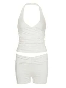 Spicy Girl Solid Color Halter Back Yoga Set Fitness Workout Shorts Two-Piece Set - 白色 - 查看 10