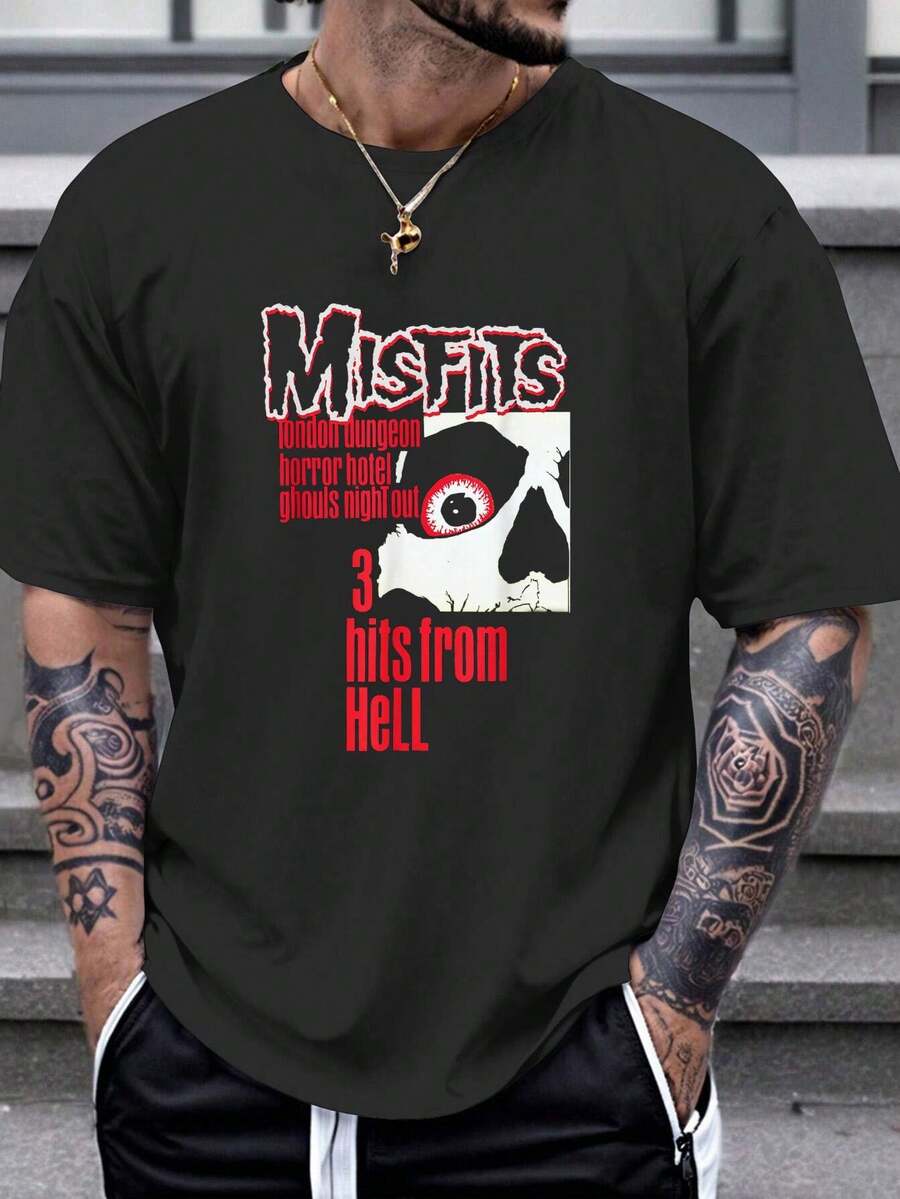 Misfits – 3 Hits From  Men's Graphic Print T-Shirt, Short Sleeve Round Neck Cotton T Shirt For Summer & Spring - 黑色 - 查看 1