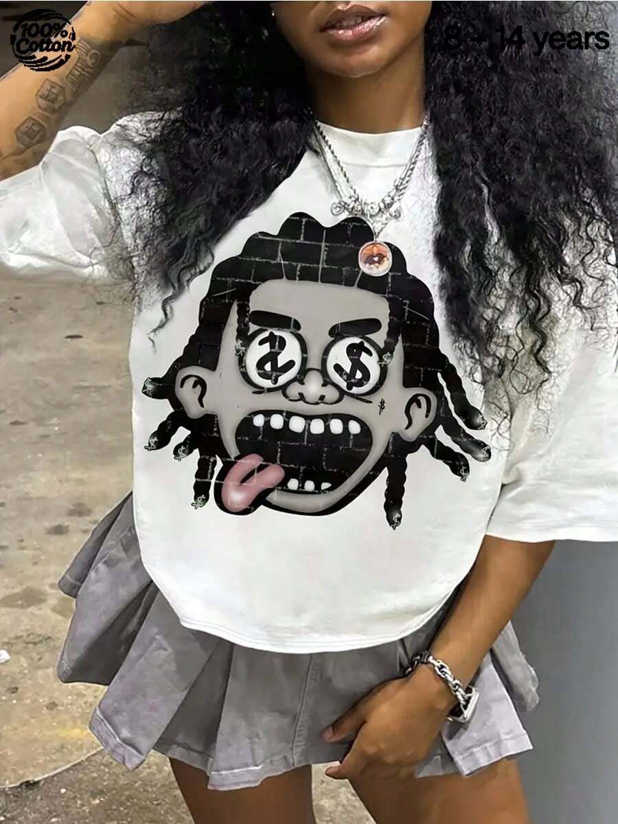 Unisex Teenage Casual Tops With Funny Cartoon Character Pattern Print. Made Of 100% Cotton, Suitable For Spring, Summer And Autumn. Comfortable And Relaxed Fit. - 白色 - 查看 1