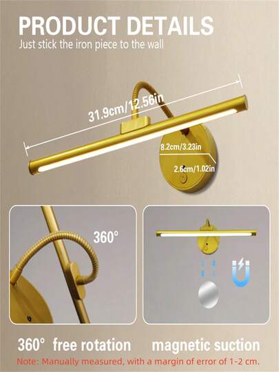 1pc Moderne LED Bureau Lamp Wand USB Charging, Lighting Painting Lamp,360° Adjustable Arm Remote Control, Ideal Home Office, Bedroom, Dorm Reading Ambient Golden/Black (1800mAh) view 9