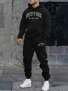 New York Men'S Print Hoodie And Long Pants Set New Autumn And Winter Couple Sweatshirt With Drawstring Casual Pants, A Complete Outfit. - 黑色12 - 查看 1