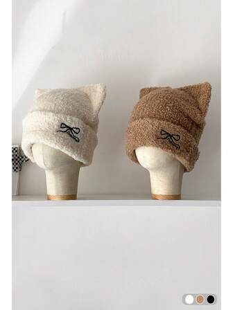 1 件针织帽，带刺绣蝴蝶和猫耳，保暖护耳，可爱设计，适合秋冬季