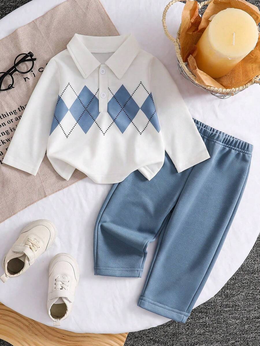 Moletom com gola polo e manga comprida com estampa geométrica para meninos, terno casual para uso diário ao ar livre, primavera/outono