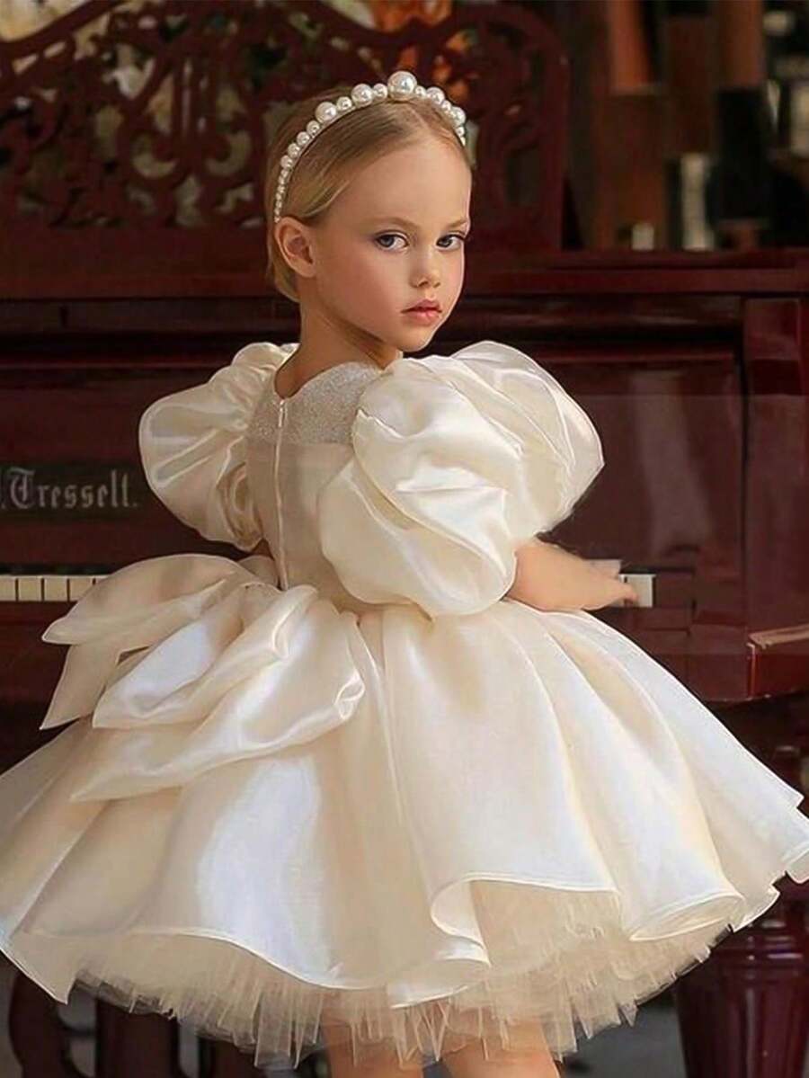 Young Girl's White Petal Sleeve Dress, Elegant Princess Dress With Tulle Fabric And Bow Decor, Suitable For Girls' Birthday Party, Wedding, Prom, Graduation Ceremony - 米色 - 查看 1