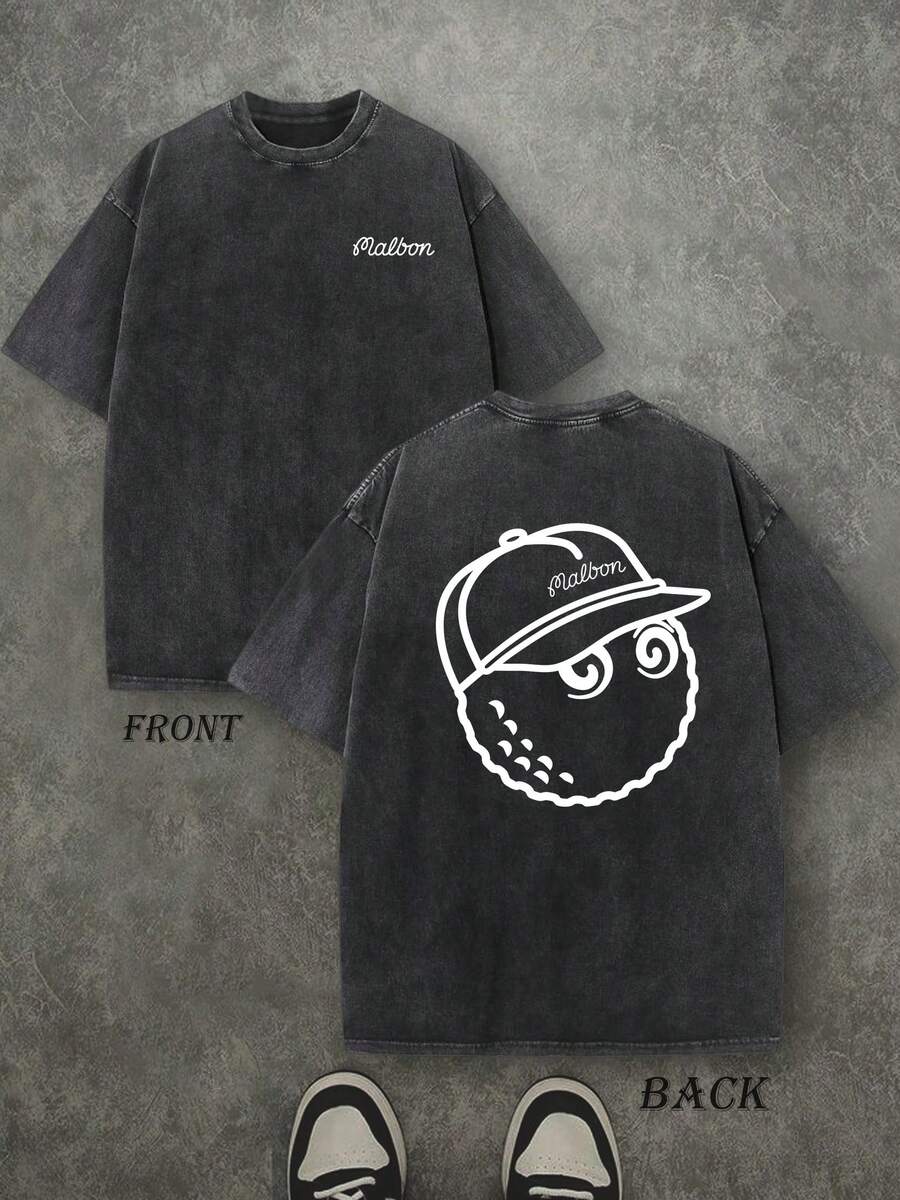 Retro Washed T-Shirt Double Sided Printed (230 Pure Cotton T-Shirt) 'MALBON GOLF TEE' Funny Cute Golf Hat Graphic Print, GOLF Gifts, Men's And Women's T Shirt, Men's Casual, Comfortable, Fashionable T Shirt, Street Style Cotton - 黑色 - 查看 1